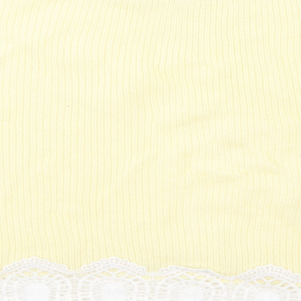Brand and care label for Topshop women’s yellow knit jumper, size UK 8