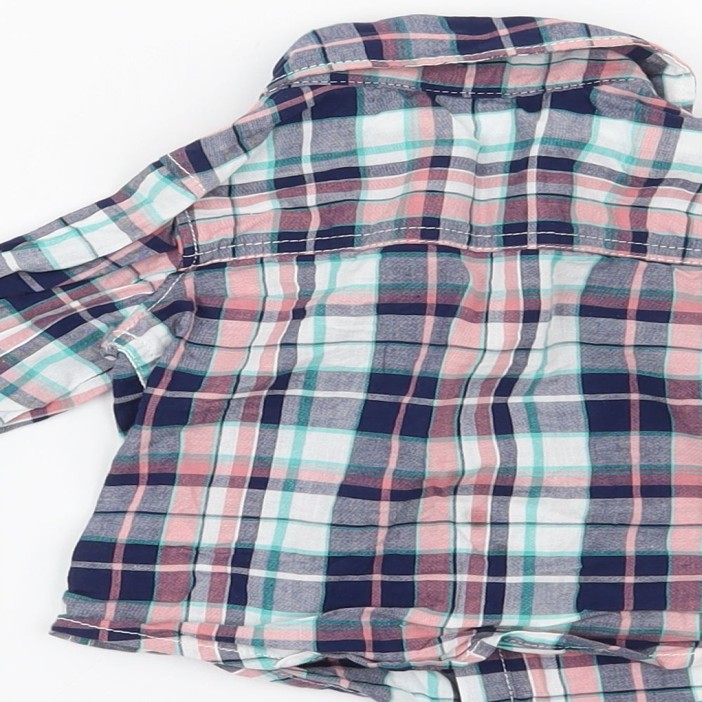Brand and care label for Carters boys’ blue check basic button-up, size 3-6, months