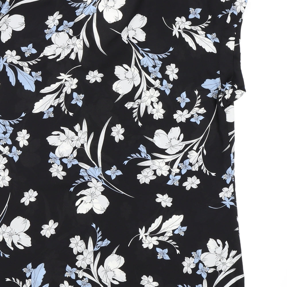 Brand and care label for Worthington women’s black floral chiffon basic blouse, size S
