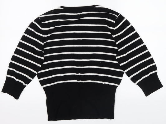 Petite Womens Black Striped Basic T-Shirt Size 14