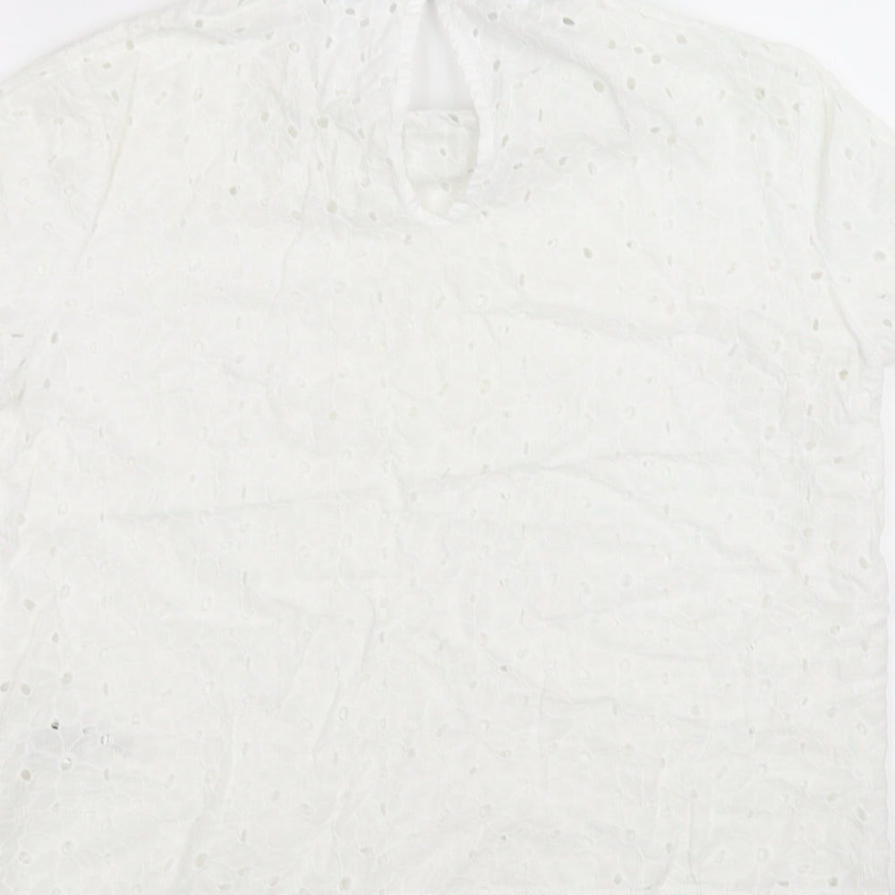 Brand and care label for Mademoiselle R women’s white basic t-shirt, size UK 10