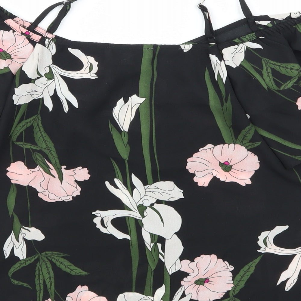 Brand and care label for Warehouse women’s black floral chiffon basic blouse, size UK 8