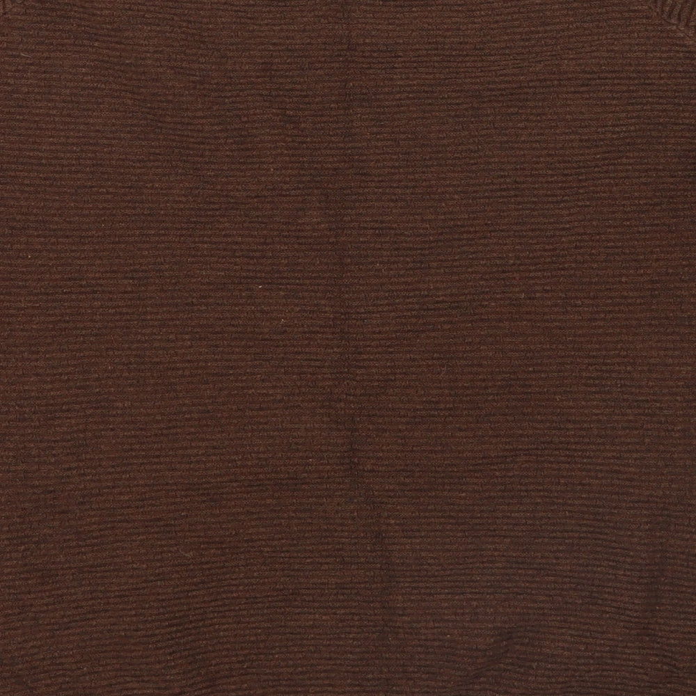 Brand and care label for ACW85 men’s brown jumper, size M