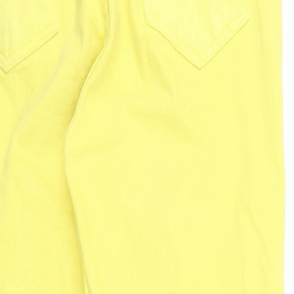 Brand and care label for I SAW IT FIRST women’s yellow denim cropped jeans, size UK 10, 20-inch leg - ripped details