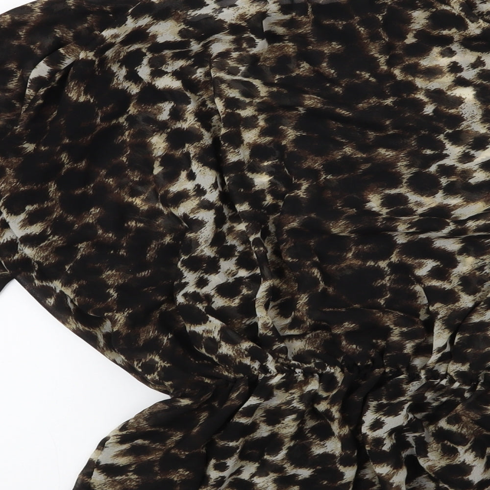 Brand and care label for Preworn women’s brown animal print basic blouse, size S