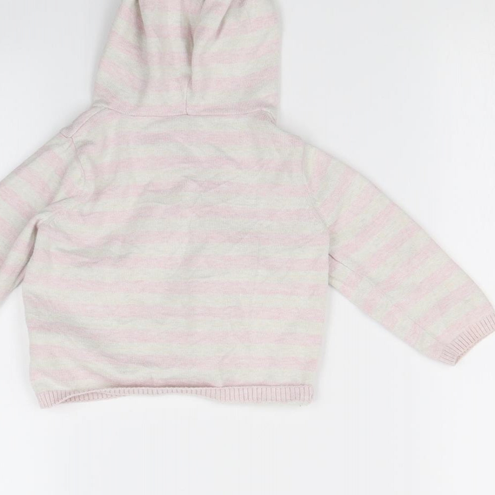 Brand and care label for Marks & Spencer girls’ pink striped cardigan jumper, size 9-12, months