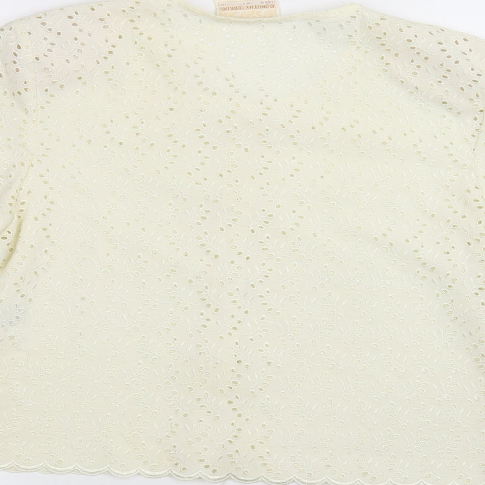 Brand and care label for Dorothy Perkins women’s white cardigan jumper, size UK 10
