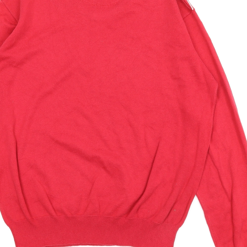 Brand and care label for Palm Grove men’s red striped jumper, size L