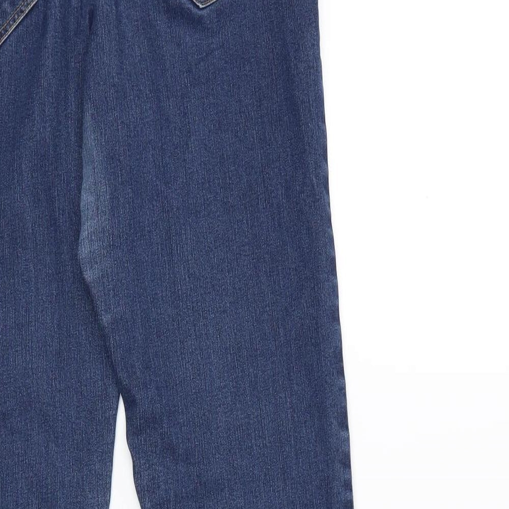 Brand and care label for women’s blue denim straight jeans, size UK 12, 26-inch leg