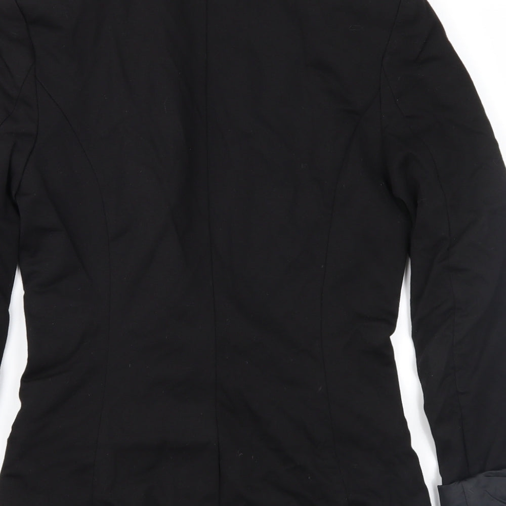 Brand and care label for H&M women’s black jacket suit jacket, size UK 4