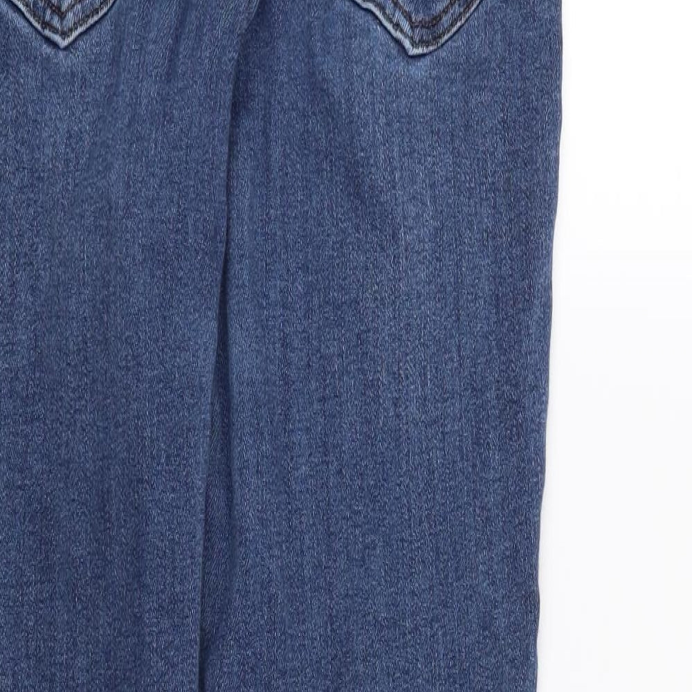 Brand and care label for Next women’s blue skinny jeans, size UK 32, in, 27-inch leg
