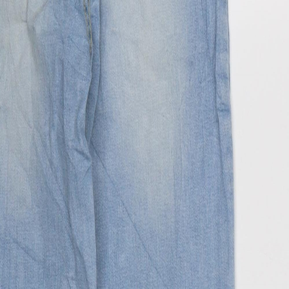 Brand and care label for WOW women’s blue denim tapered jeans size 3xs, 24-inch leg