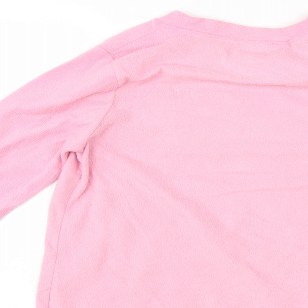 Brand and care label for Love To Lounge women’s pink pullover sweatshirt, size S
