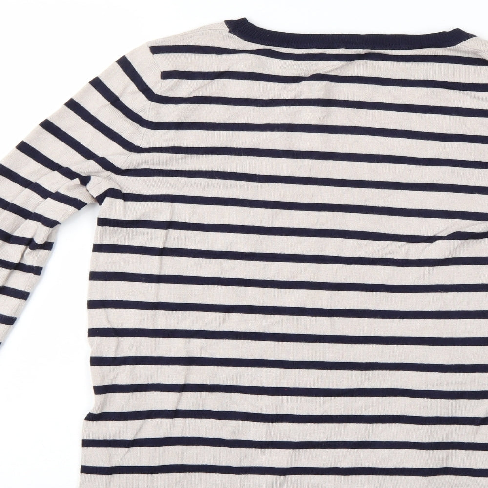 Brand and care label for Oasis women’s multicoloured striped pullover sweatshirt, size S