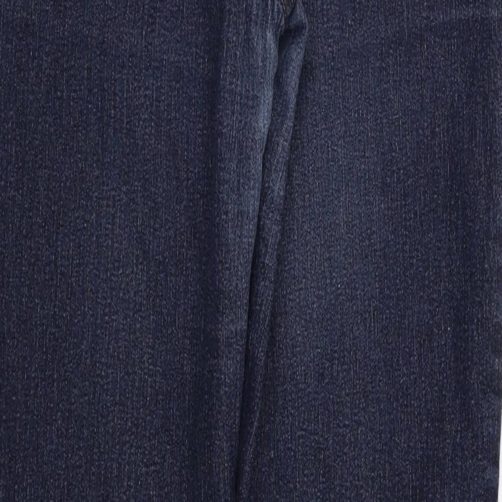 Brand and care label for women’s blue straight jeans, size UK 28, in, 27-inch leg