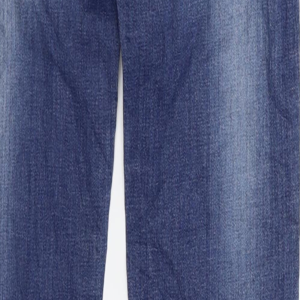 Brand and care label for flare jeans women’s blue straight jeans, size UK 28, in, 34-inch leg