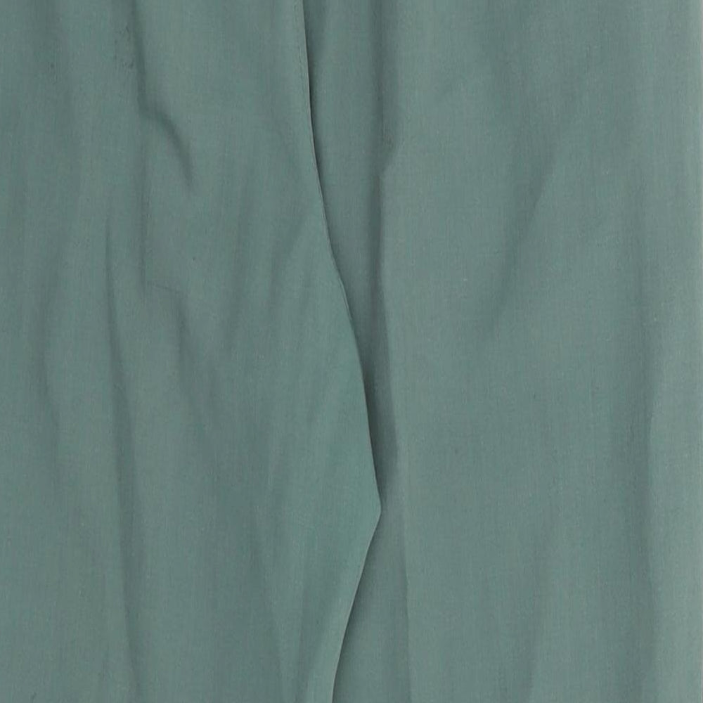 Brand and care label for Blue Riinse women’s green trousers, size UK 28, in, 24-inch leg