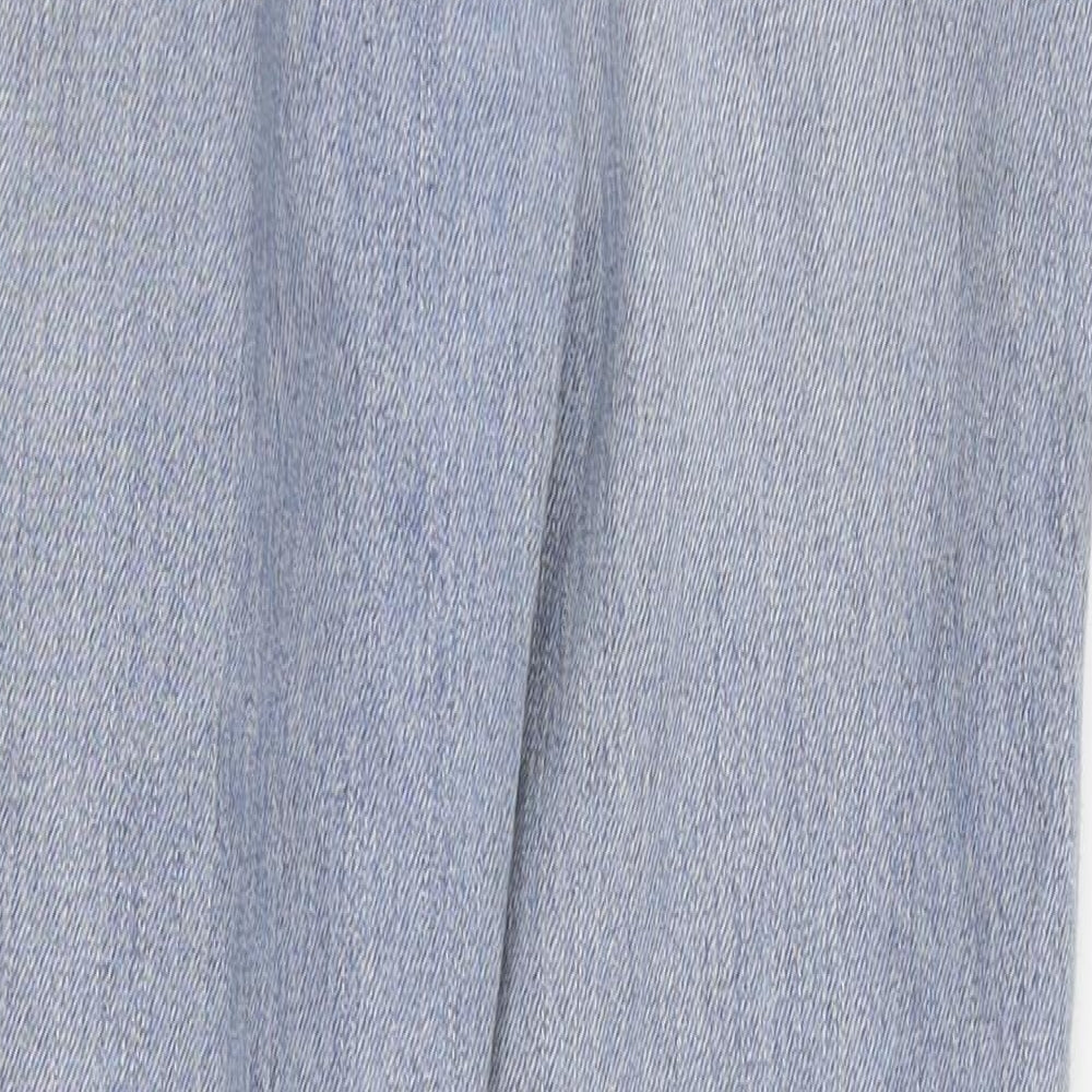 Brand and care label for Topshop women’s blue straight jeans, size UK 28, in, 31-inch leg - ripped jeans