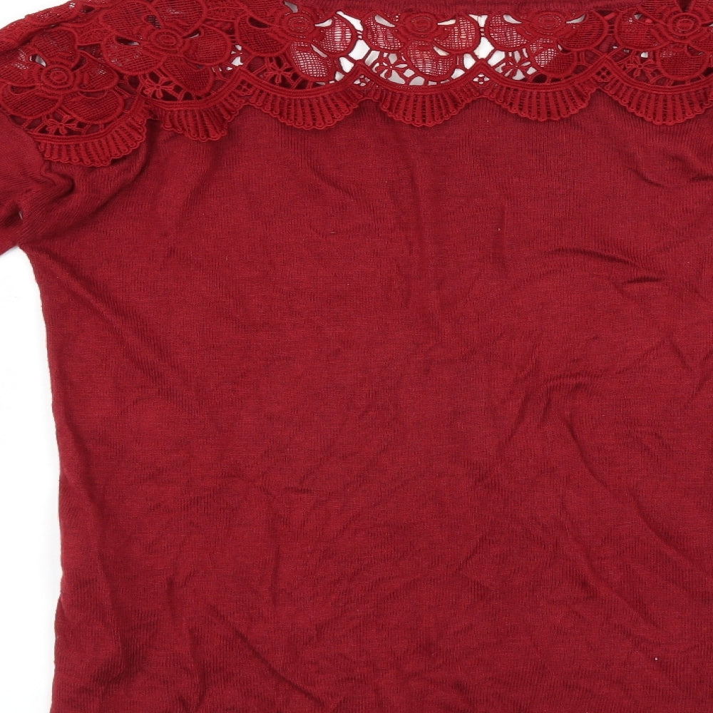 Brand and care label for hippie rose women’s red jumper, size UK 6, - embroidered detail