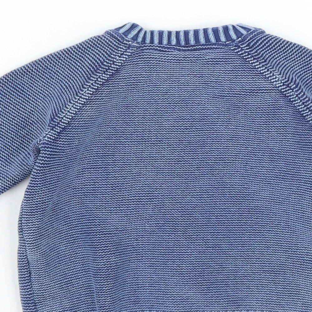 Brand and care label for F&F boys’ blue cardigan jumper, size 12-18, months