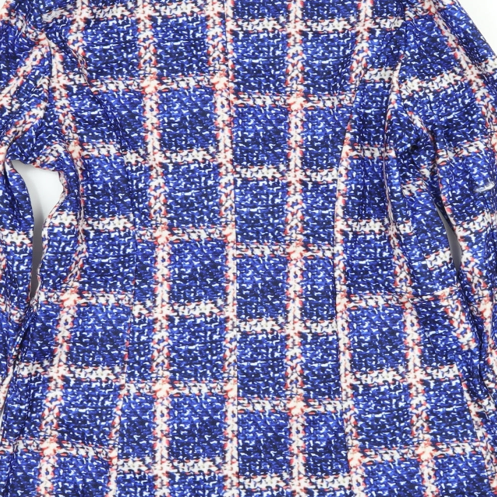 Brand and care label for Prewworn women’s blue check jacket, size M