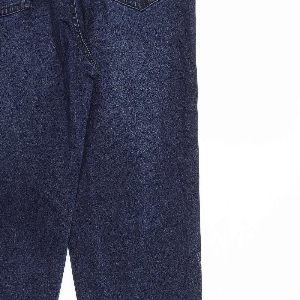 Brand and care label for elle nov women’s blue denim straight jeans, size UK 30, in, 30-inch leg