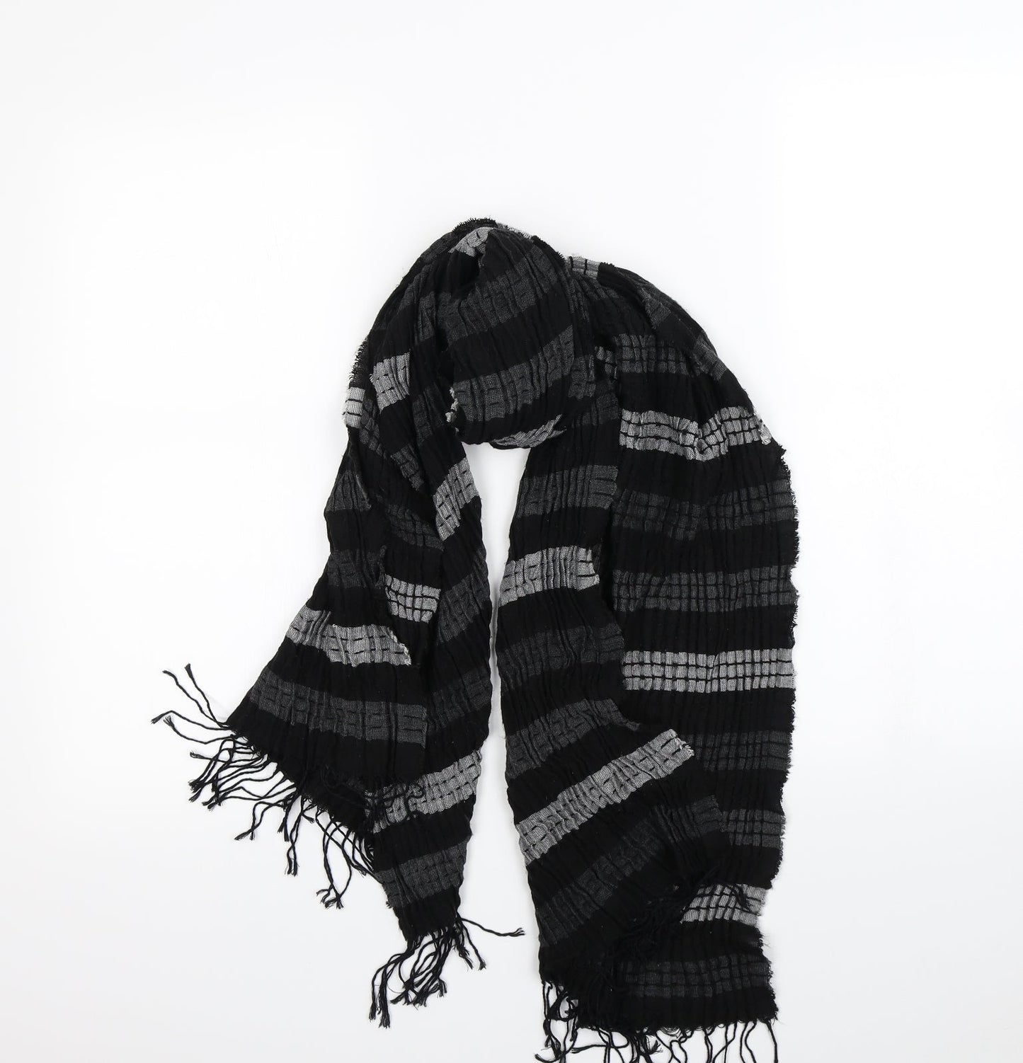 Front view of Preworn women’s black striped scarf