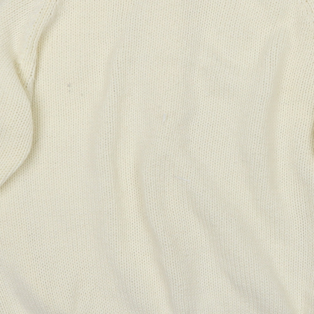 Brand and care label for Trendy women’s white cardigan jumper, size M