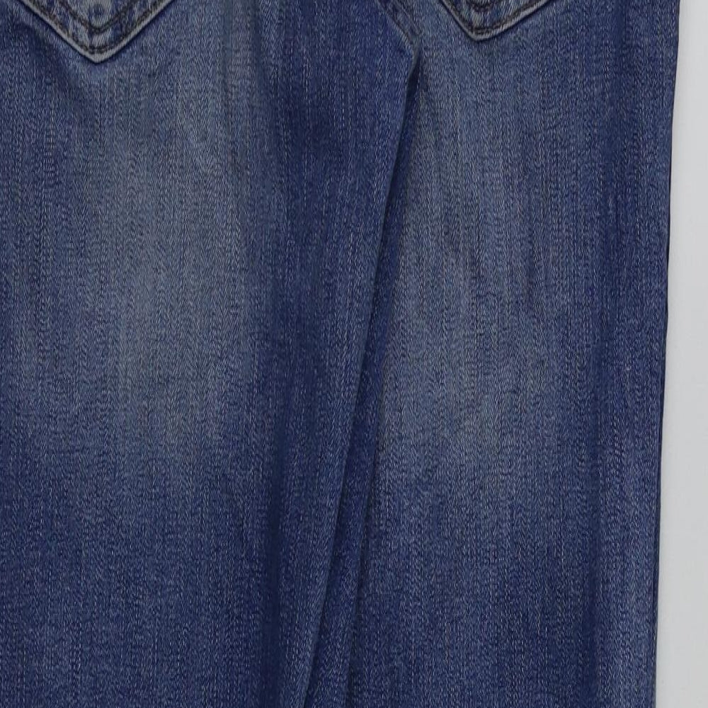 Brand and care label for H&M women’s blue straight jeans, size UK 8, 27-inch leg