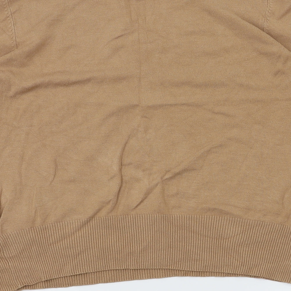 Brand and care label for New Look women’s brown jumper, size UK 14