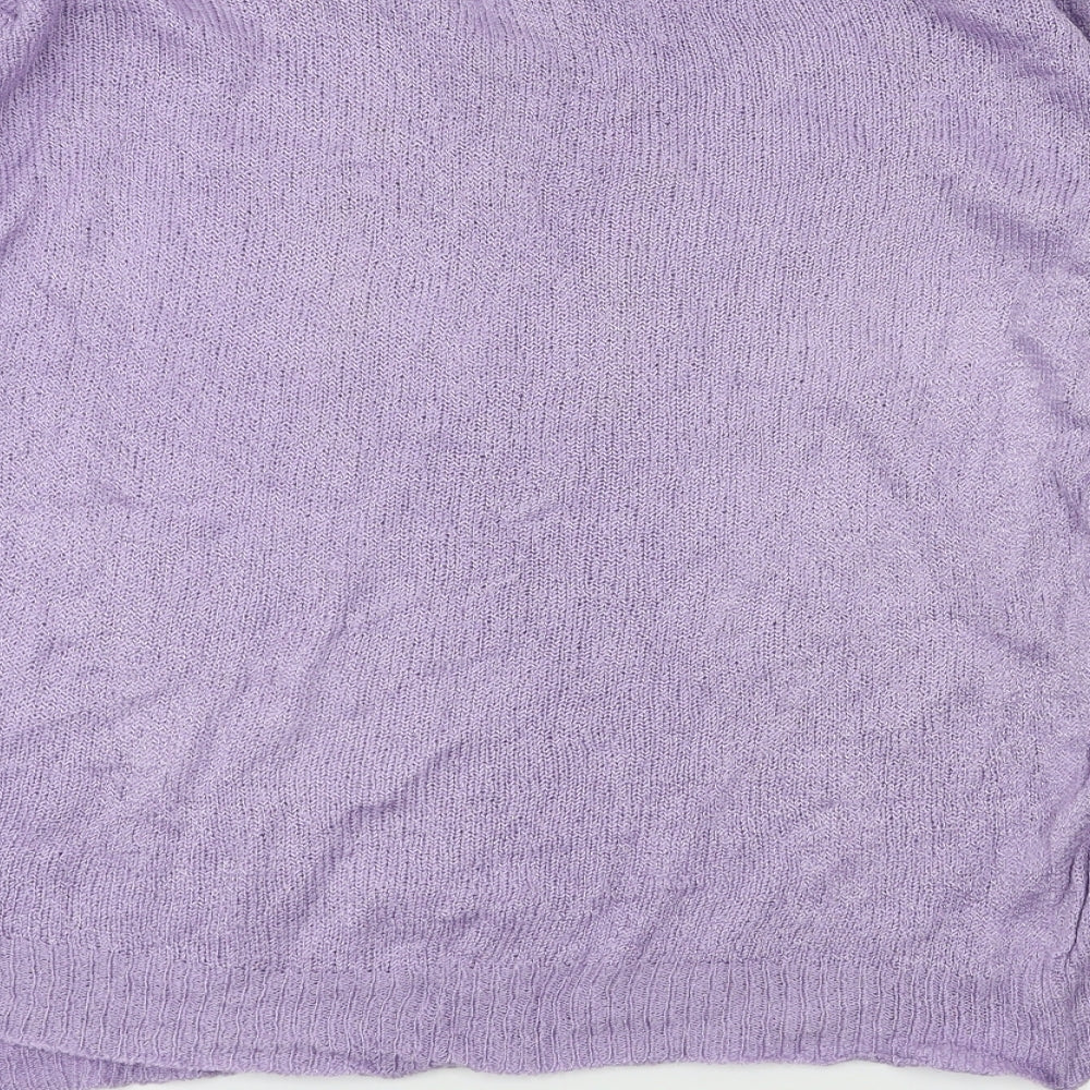 Brand and care label for preworn women’s purple floral cardigan jumper, size UK 14
