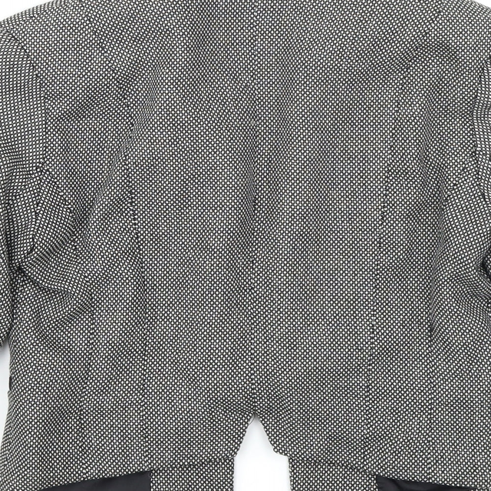 Brand and care label for Miss Selfridge women’s black check jacket blazer, size UK 8