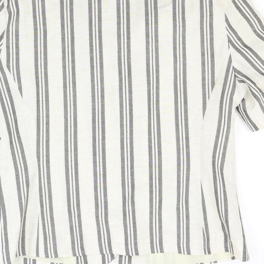 Brand and care label for Preworn women’s beige striped rayon jacket blazer, size M
