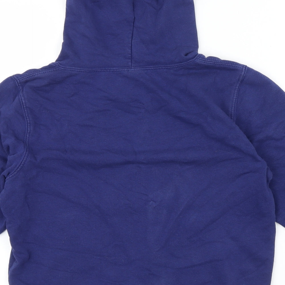 Brand and care label for Preworn girls’ blue pullover hoodie, size 7-8, years