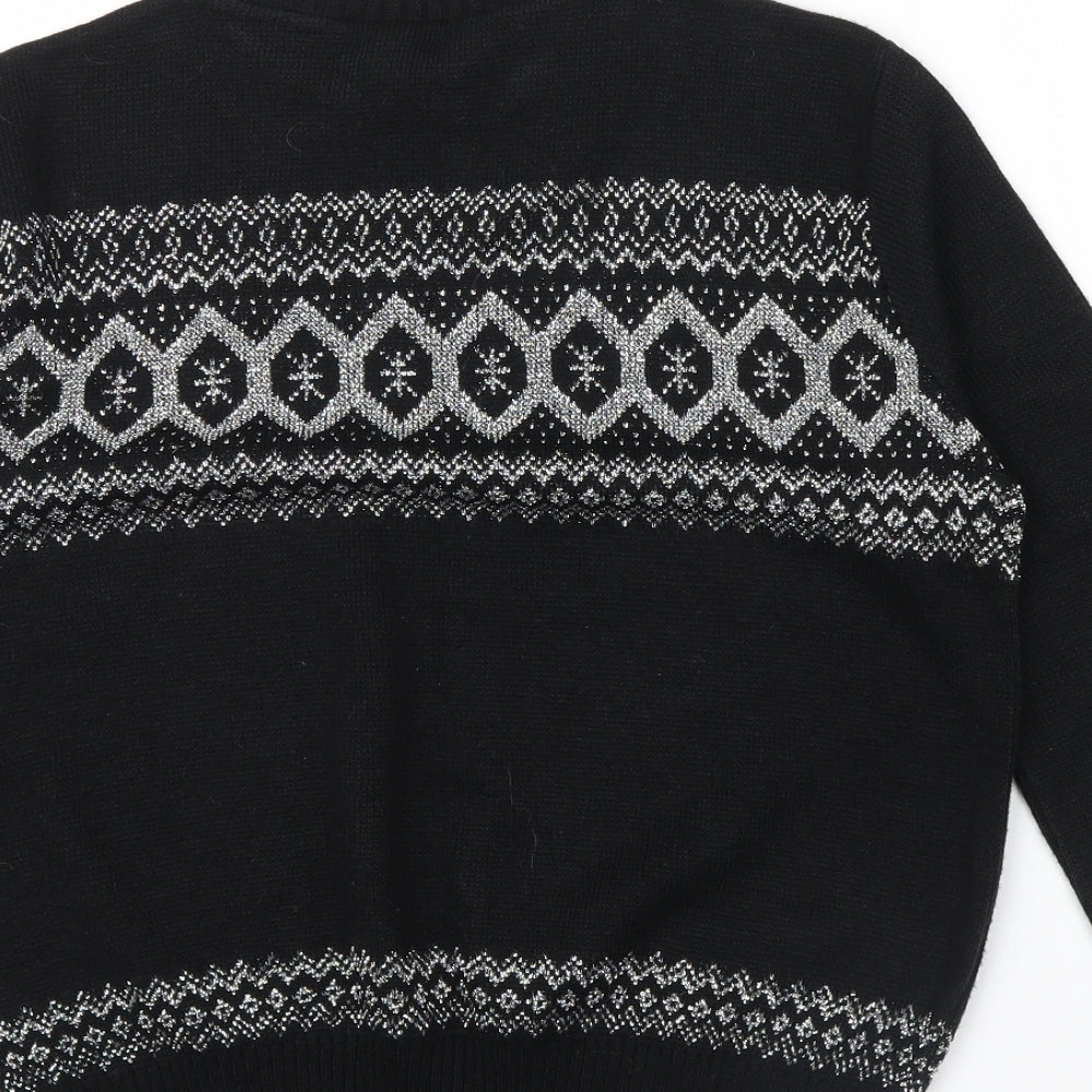 Brand and care label for ACRYLICK women’s black geometric jumper, size UK 34, - metalic silver thread