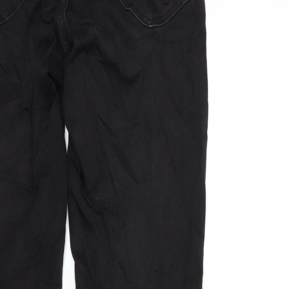 Brand and care label for villa women’s black denim skinny jeans, size S, 30-inch leg