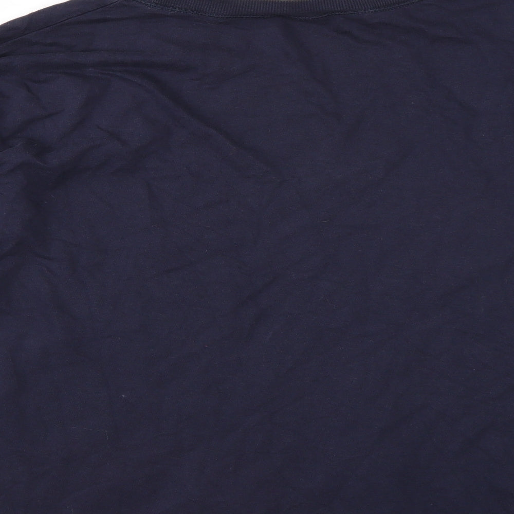 Brand and care label for H&M women’s blue pullover sweatshirt, size M