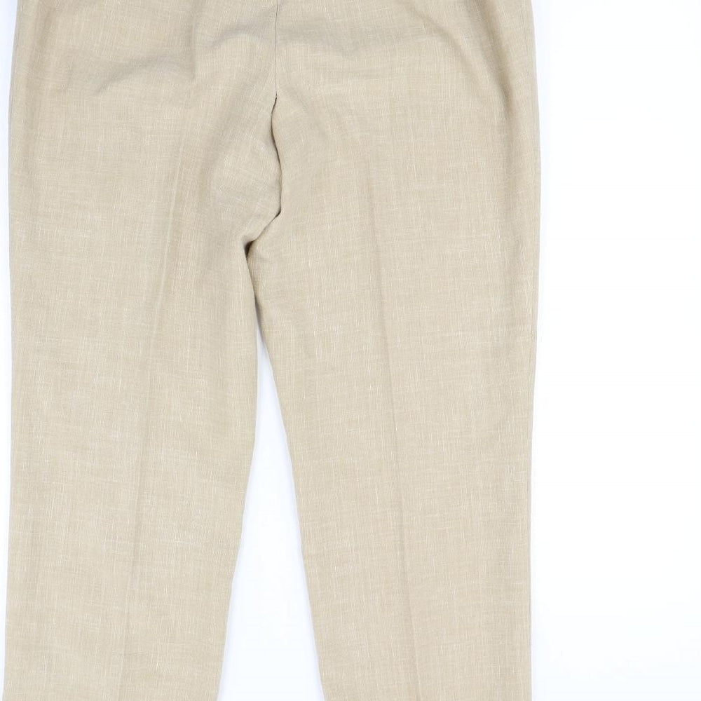 Brand and care label for Kris Reutter women’s beige dress pants trousers, size UK 16, 30-inch leg