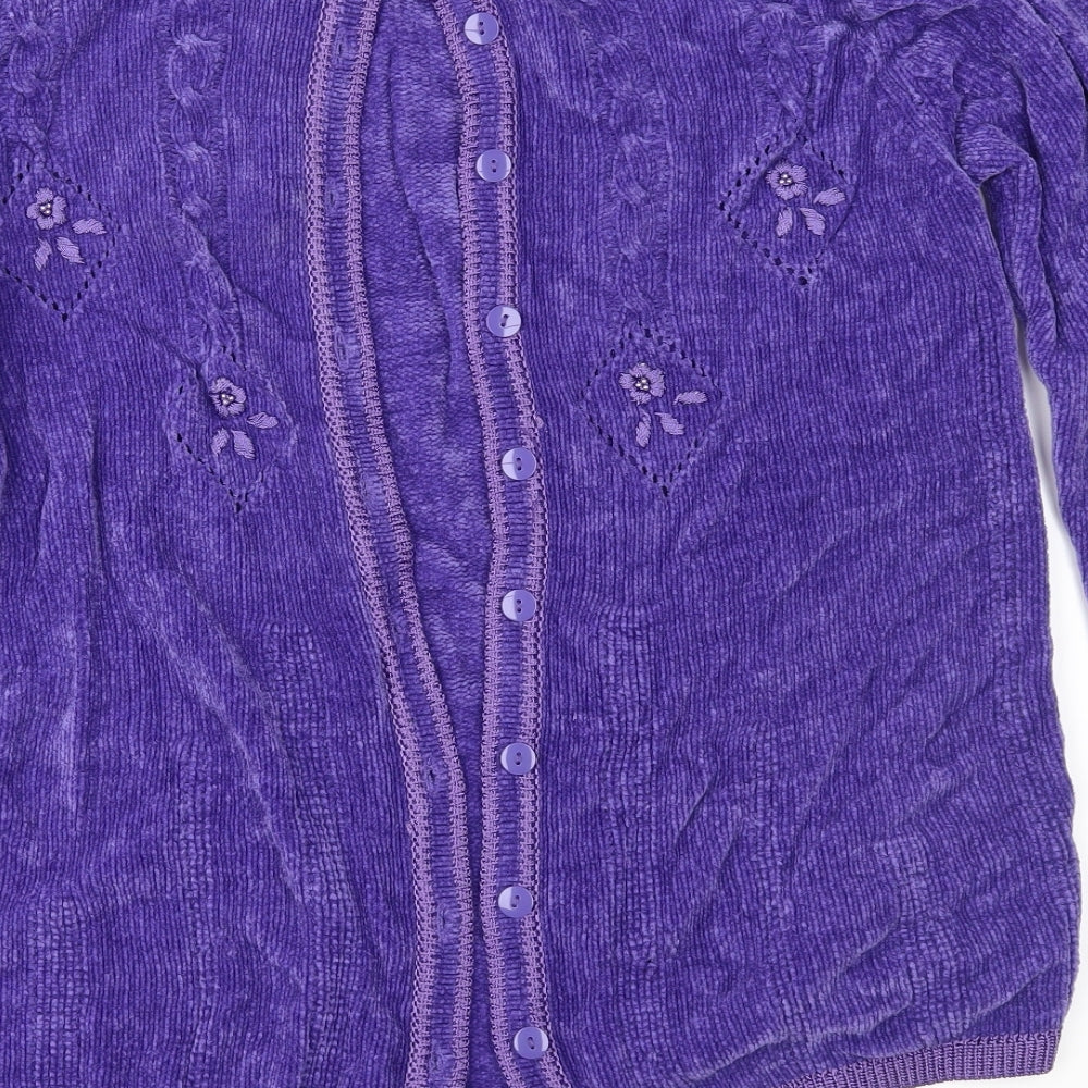 Brand and care label for Bonmarché women’s purple knit cardigan jumper, size S