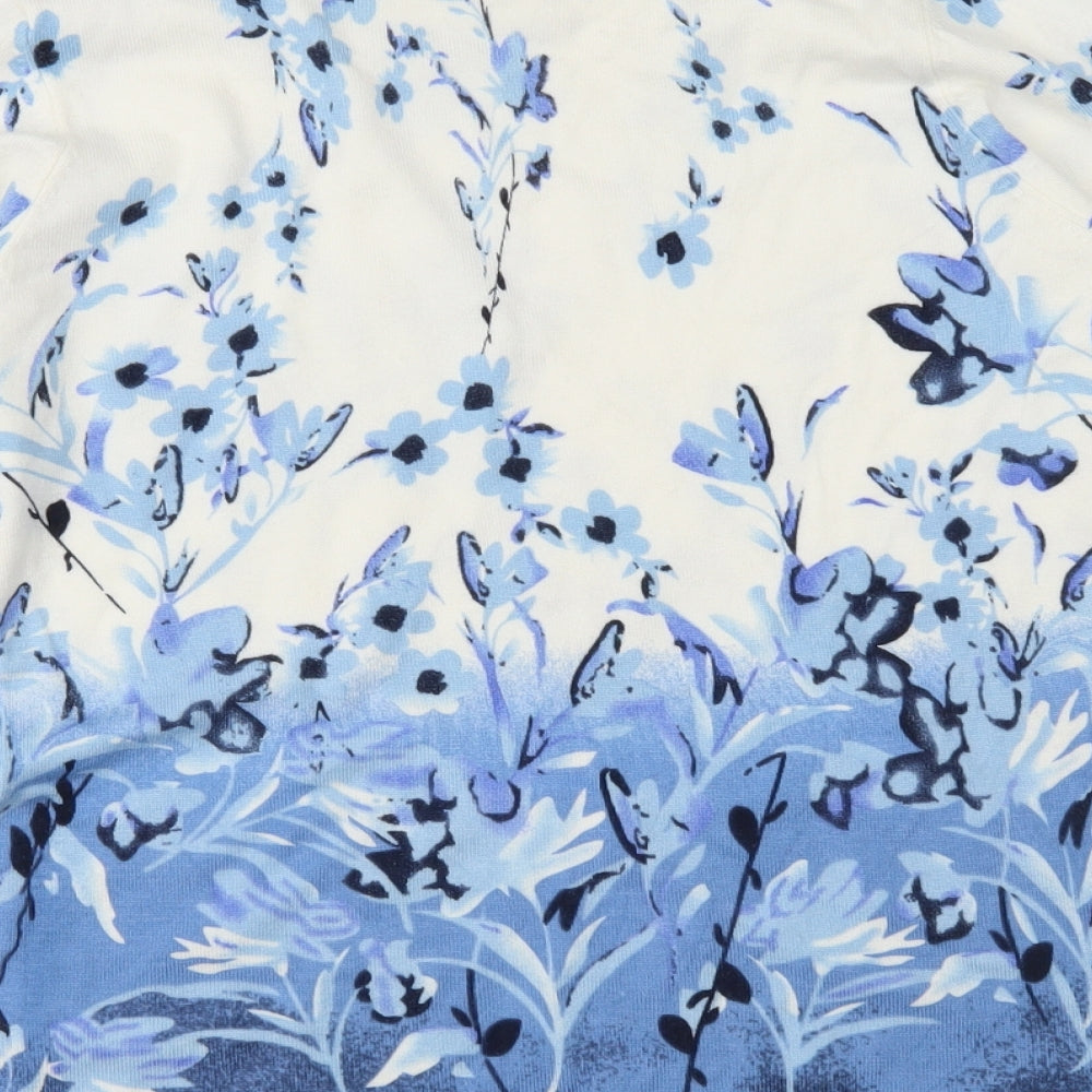 Brand and care label for B&W women’s blue floral knit jumper, size S