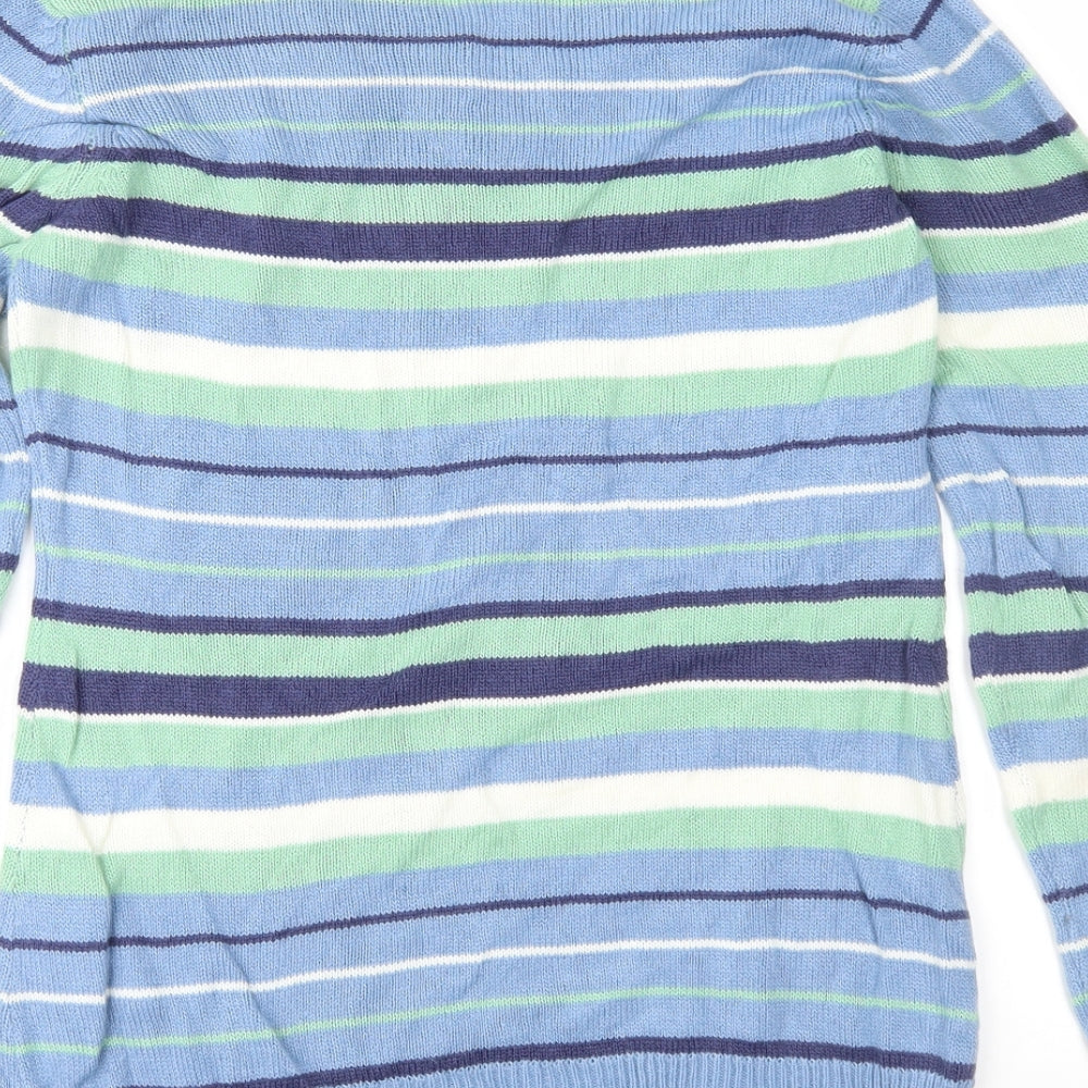 Brand and care label for EWM women’s blue striped knit jumper, size S