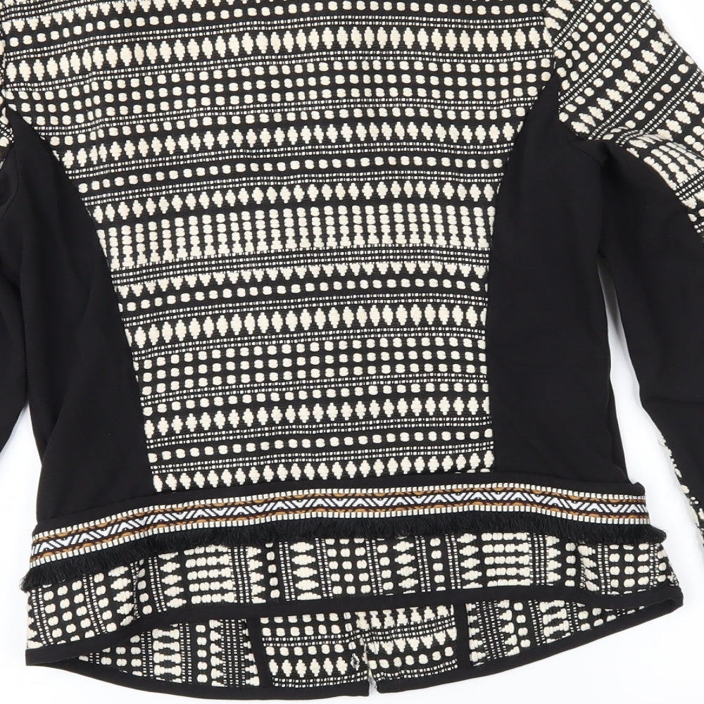 Brand and care label for H&M women’s brown geometric jacket, size UK 8
