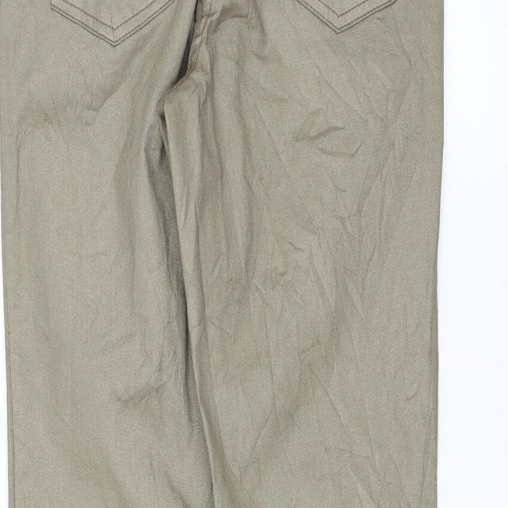 Brand and care label for UpFashion women’s green trousers, size UK 8, 30-inch leg - shiny metallic