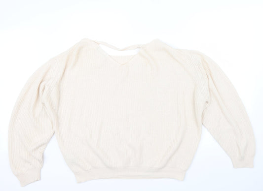 newlook Womens Beige Henley Jumper Size L - v neck drop on back