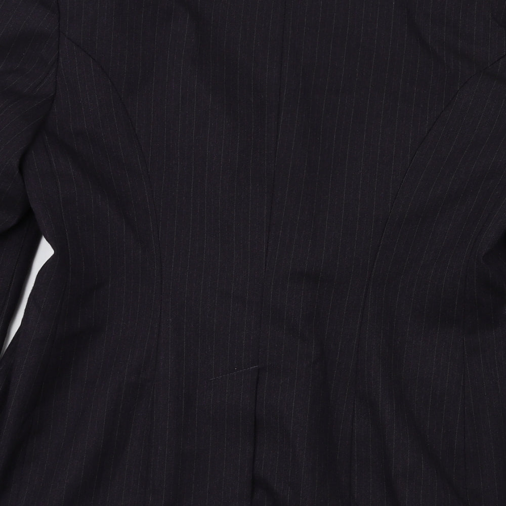 Brand and care label for preworn women’s purple striped jacket blazer, size UK 14