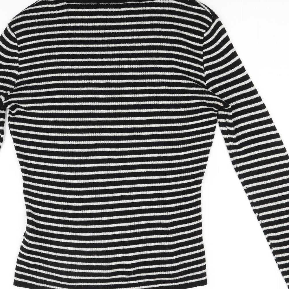Brand and care label for New Look women’s black striped knit jumper, size UK 10