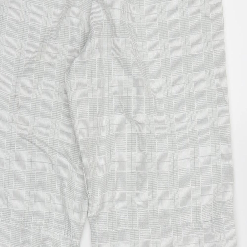 Brand and care label for Maddona wear women’s grey check cropped trousers, size L, 25-inch leg