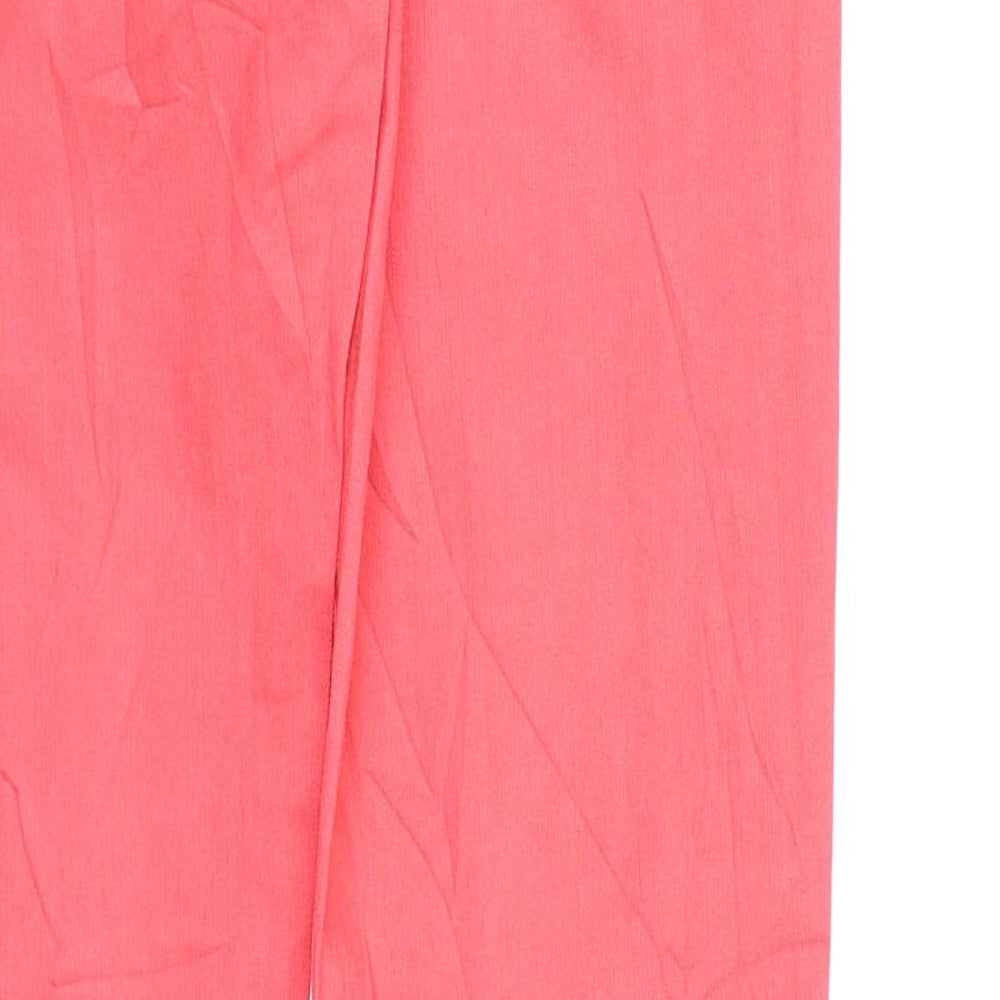 Brand and care label for women’s pink denim straight jeans, size UK 12, 31-inch leg