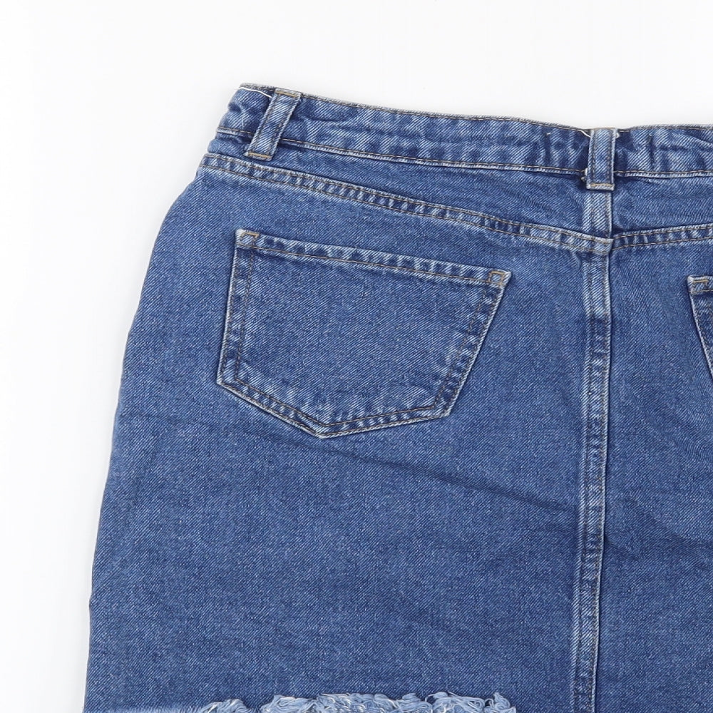 Brand and care label for Preworn women’s blue mini skirt, size UK 12