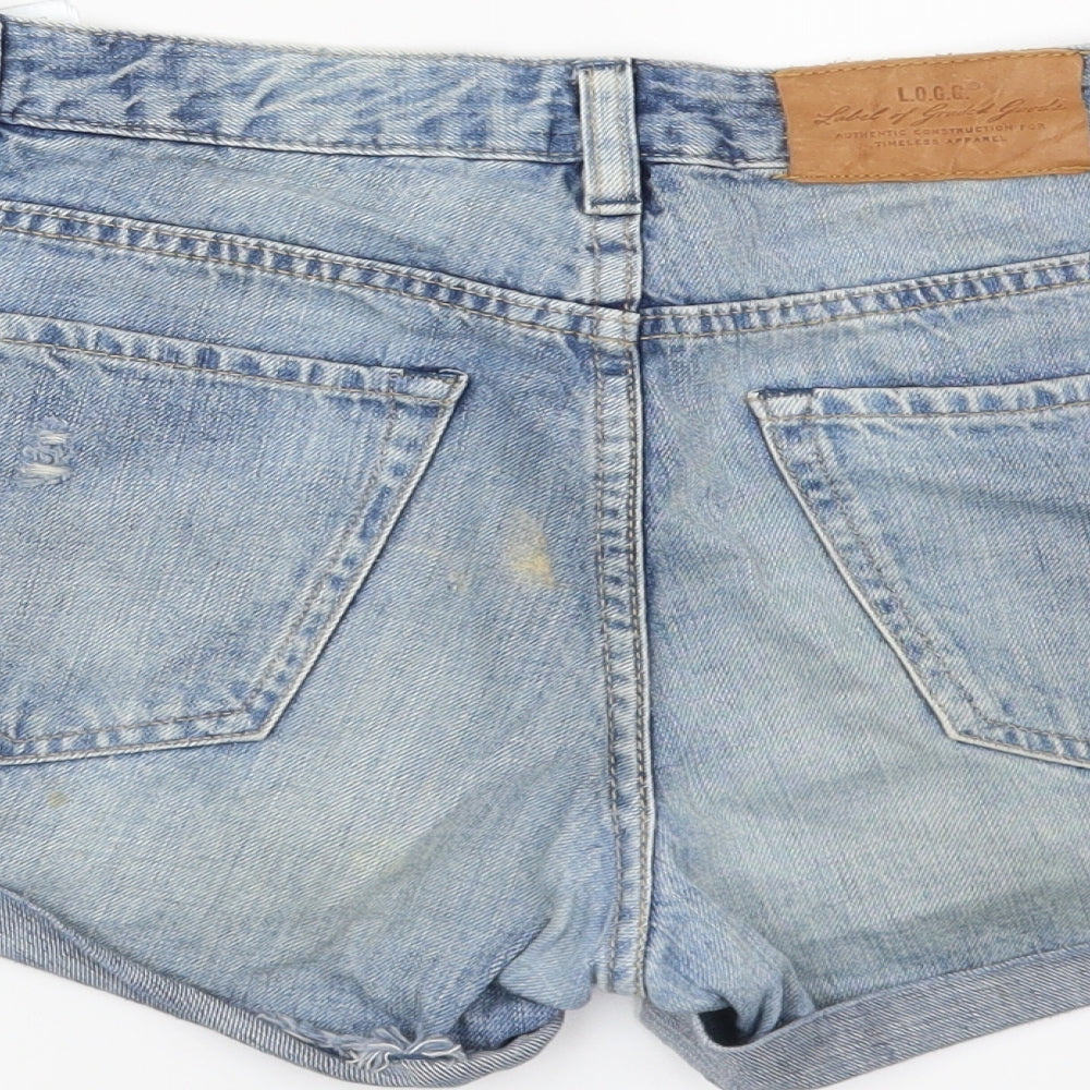 Brand and care label for H&M women’s blue cut-off shorts, size UK 30, in